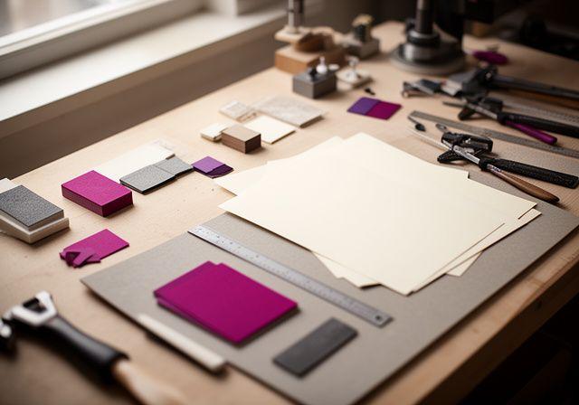 Worktable with sketches, material samples, and legal notes arranged beside a jeweller's bench