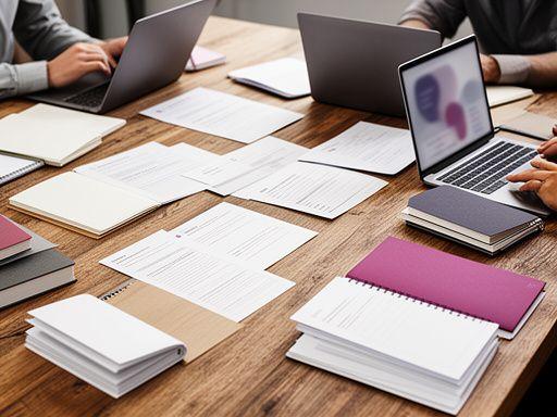 Small guild board meeting with notebooks, laptops, and drafted governance documents on a wooden table