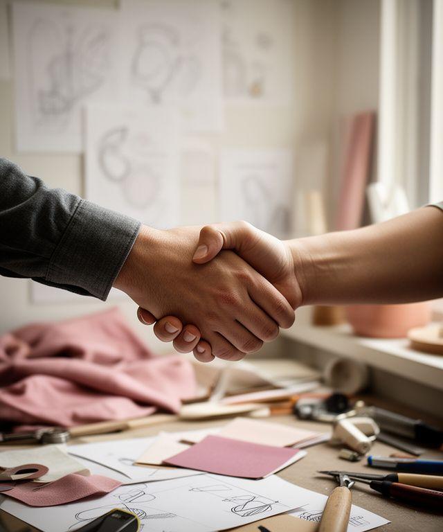 Artisan and client shaking hands beside a workbench with sketches and fabric samples
