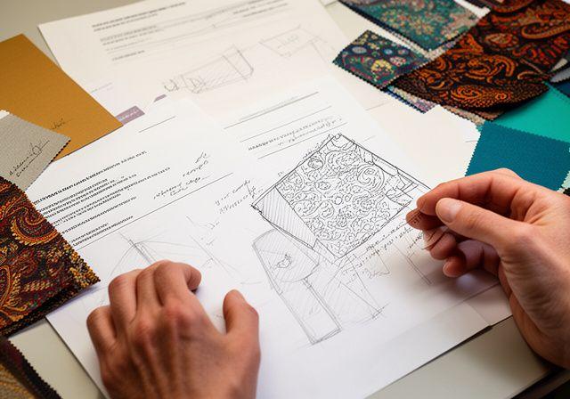 Hands reviewing textile pattern sketches beside copyright notes and fabric swatches