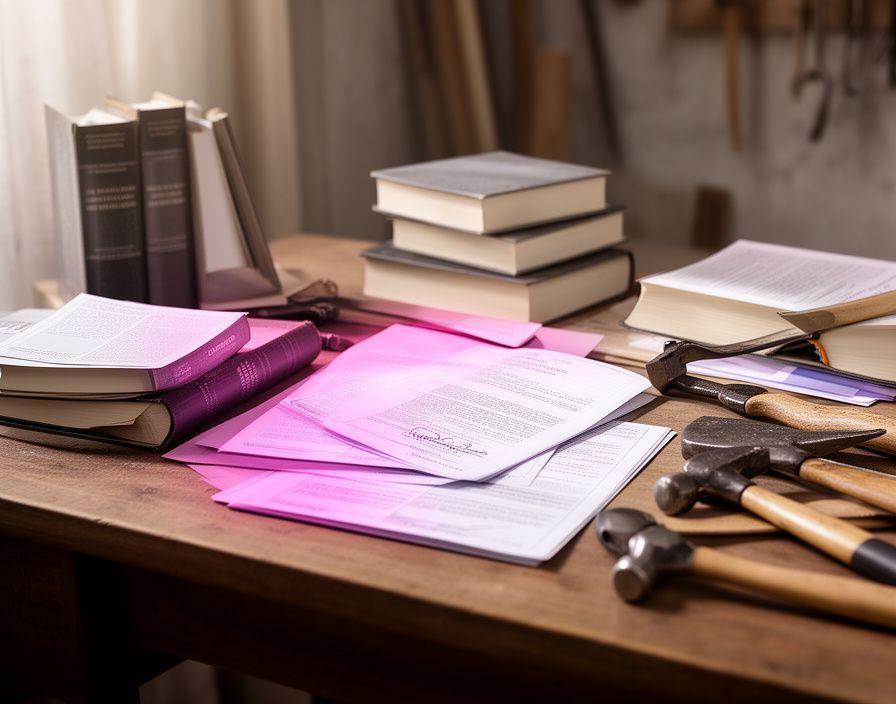 Law books and artisan tools arranged on a wooden desk in a calm editorial workspace