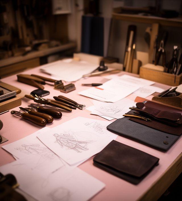Artisan workbench with leather tools, sketches, and legal paperwork in a warmly lit Toronto studio