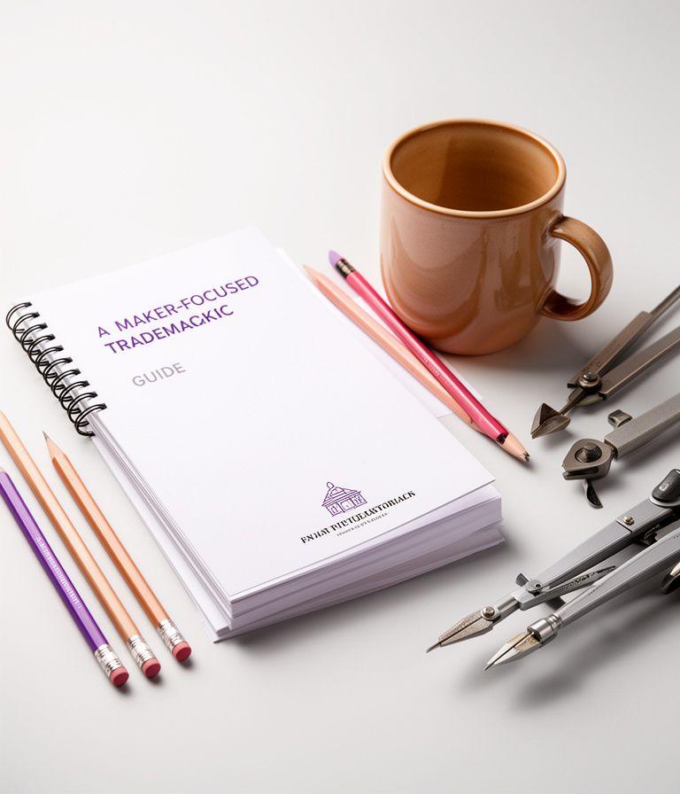 A trademark notebook beside a ceramic mug and drafting tools in a modern studio