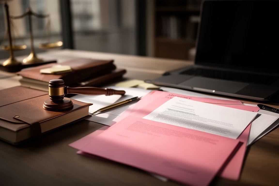 Legal documents and a fountain pen arranged on a polished desk beside a laptop in a calm Toronto office